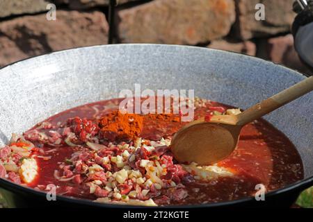 Fleisch und Gemüse in einem Gulasch-Wasserkocher an einer Feuerstelle Stockfoto