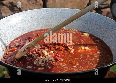 Fleisch und Gemüse in einem Gulasch-Wasserkocher an einer Feuerstelle Stockfoto