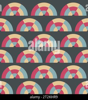 Kariertes Halbkreis-Muster mit abstraktem, nahtlosem Muster. Niedliches geometrisches Gitter mit dekorativem Bogen. Vintage-Farbpalette in Schwarz, Gelb, Rot, Blau Stock Vektor