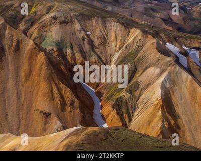 Wanderer auf einer abgelegenen vulkanischen Landschaft in Island Stockfoto