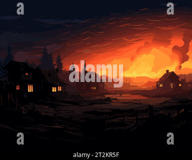 Ländliche Landschaft mit Waldhäusern Stock Vektor