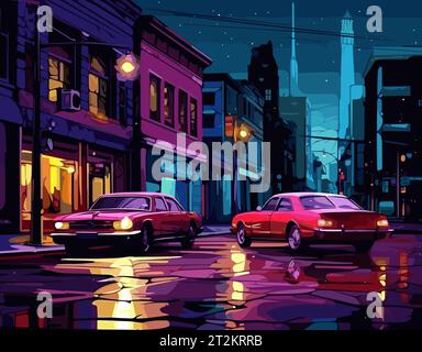 Nächtliche Stadtstraße mit Retro-Autos Stock Vektor