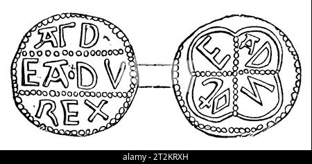 Zeichnung eines silbernen Penny von Eawald, König von East Angli, 8. Jahrhundert. Black-and-White-Illustration aus dem „Old England“, veröffentlicht von James Sangster im Jahr 1860. Stockfoto