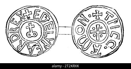 Zeichnung eines silbernen Penny von König Aethelweard von East Anglia. Black-and-White-Illustration aus dem „Old England“, veröffentlicht von James Sangster im Jahr 1860. Stockfoto