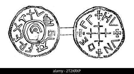 Zeichnung eines Silbernen Penny aus der Regierungszeit von König Wiglaf von Mercia; 9. Jahrhundert. Black-and-White-Illustration aus dem „Old England“, veröffentlicht von James Sangster im Jahr 1860. Stockfoto