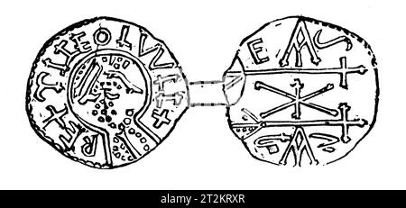 Zeichnung eines Silbernen Penny aus der Regierungszeit von König Coelwulf von Mercia; 9. Jahrhundert. Black-and-White-Illustration aus dem „Old England“, veröffentlicht von James Sangster im Jahr 1860. Stockfoto