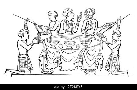 Angelsächsische Dinnerparty. Frau Cotton. Black-and-White-Illustration aus dem „Old England“, veröffentlicht von James Sangster im Jahr 1860. Stockfoto