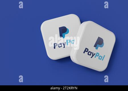 LONDON, Großbritannien – Oktober 2023: Firmenlogo des Online-Zahlungsdienstleisters PayPal. 3D-Rendering Stockfoto