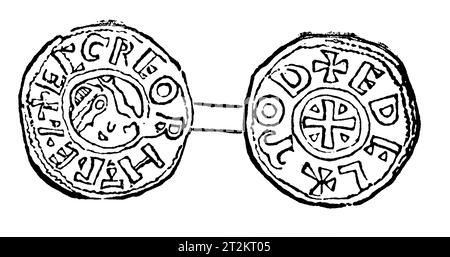 Zeichnung eines Silbernen Penny aus der Regierungszeit von König Egbert oder Ecgberht, König von Wessex; 9. Jahrhundert; Schwarz-weiß-Illustration aus dem „Alten England“, veröffentlicht von James Sangster 1860. Stockfoto