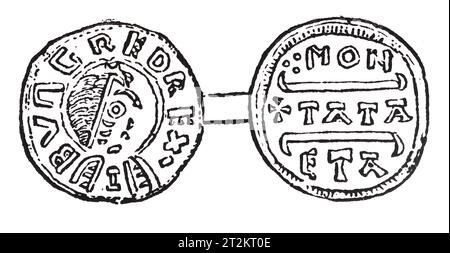 Zeichnung eines Silbernen Penny aus der Regierungszeit von König Burgred von Mercia; 9. Jahrhundert. Black-and-White-Illustration aus dem „Old England“, veröffentlicht von James Sangster im Jahr 1860. Stockfoto