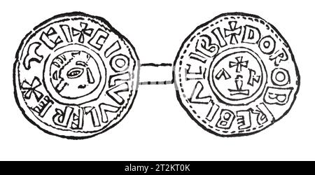 Zeichnung eines Silbernen Pennys aus der Regierungszeit von König Coelwulf von Mercia; Schwarz-weiß-Illustration aus dem „Alten England“, veröffentlicht von James Sangster im Jahr 1860. Stockfoto