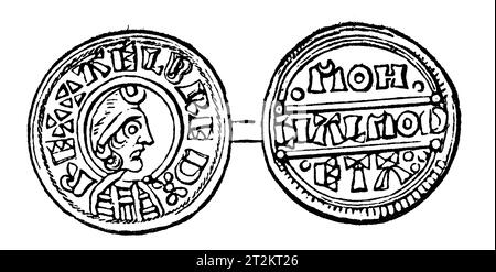 Zeichnung eines Silbernen Penny aus der Regierungszeit von König Alfred von England. Black-and-White-Illustration aus dem „Old England“, veröffentlicht von James Sangster im Jahr 1860. Stockfoto