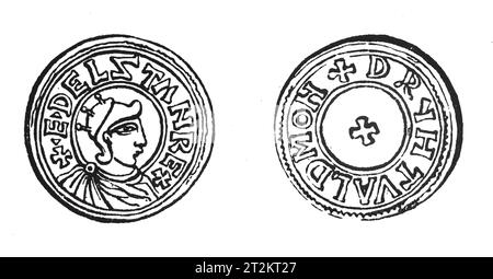 Zeichnung eines Silbernen Penny aus der Regierungszeit von König Æthelstan oder Athelstan. Black-and-White-Illustration aus dem „Old England“, veröffentlicht von James Sangster im Jahr 1860. Stockfoto