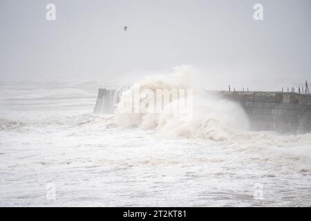 20/10/23. Hartlepool, Großbritannien. Riesige Wellen, die durch den Sturm Babet verursacht wurden, schlagen in den Wellenbrecher am Headland in Hartlepool. Der zweite benannte Sturm des Jahres erzeugte Windgeschwindigkeiten von fast 60 km/h vor der Nordostküste. Foto: Jason Brown/Alamy Live News Stockfoto