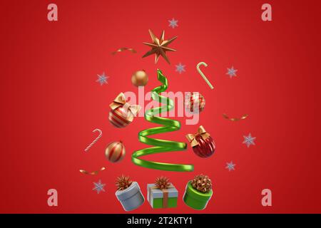 Weihnachtsbaumform aus Band, Geschenkbox und Deko mit Kugeln, roter Hintergrund. 3D-Rendering Stockfoto