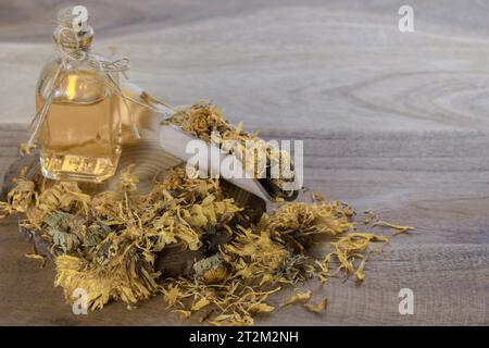 Getrocknete Blüten der Ringelblume (Calendula officinalis), in einem Holzlöffel auf einem Stück Baumzweig mit einer Flasche ätherischen Ringelblumenöls. Stockfoto