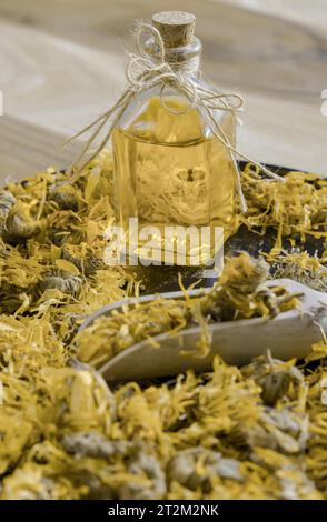 Getrocknete Ringelblumen (Calendula officinalis), Heilpflanze für therapeutische Zwecke, in einem schwarzen Tablett mit einer Flasche ätherischen Ringelblumenöls Stockfoto