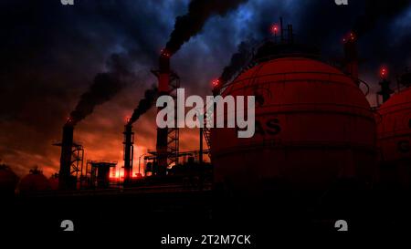 Erdgas- oder LNG-Speichertanks auf Raffinerieanlagen oder Verarbeitungsanlagen, fiktiv – abstrakte 3D-Illustration Stockfoto