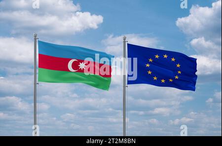 Europäische Union und aserbaidschanische Fahnen winken zusammen im Wind auf blauem bewölktem Himmel, Beziehungskonzept Stockfoto