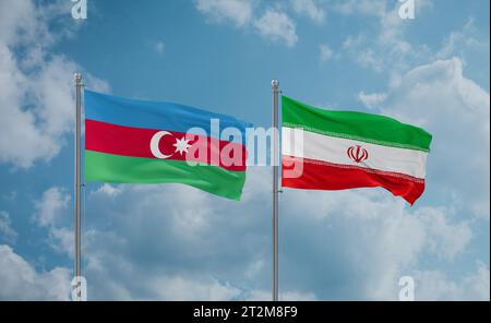 Die Flagge des Iran und Aserbaidschans schwenkt zusammen auf blauem bewölktem Himmel Stockfoto