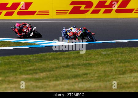 Ventor, Australien. 20. Oktober 2023; Phillip Island Grand Prix Circuit, Ventnor, Victoria, Australien; 2023 MotoGP Guru von Gryfyn Australian Motorcycle Grand Prix, Practice Day; Fabio Quartararo, Alex Marquez, Aleix Espargaro während Training 1 beim Australian MotoGP Credit: Action Plus Sports Images/Alamy Live News Stockfoto