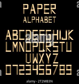 Papieralphabet im Origami-Stil. Aus Papierstreifen gefaltete Buchstaben und Zahlen auf schwarzem Hintergrund. Vektorabbildung. Schriftdesign. Stock Vektor