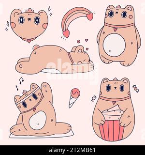 Niedliche pinkfarbene Bärenaufkleber mit kawaii-Aufklebern für Kinder Stock Vektor