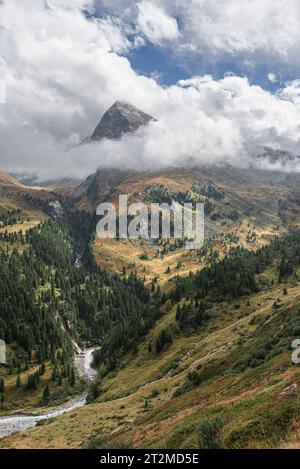 Wolken umgeben die Berghänge des Hangerer über den Kiefernwäldern im Gurglertal im Herbst, Ötztaler Alpen, Tirol, Österreich Stockfoto