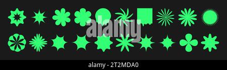 Retro y2k psychedelische Elemente Set. Geometrische Formen des Cyberpunk-Designs auf schwarzem Hintergrund. Trendige futuristische Vektor-Illustration Stock Vektor