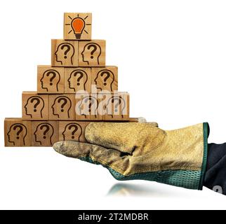 Kreative Idee und Innovationskonzept. Handschuhe, die einen Stapel Holzblöcke halten, die eine Pyramide bilden, mit Symbolen mit menschlichen Köpfen und Fragezeichen Stockfoto