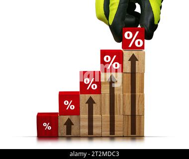 Mit Handschuhen angeordnete Holzblöcke als Treppentreppe mit roten und weißen Prozentzeichen und braunen Pfeilen nach oben. Isoliert auf weißem Hintergrund. Stockfoto