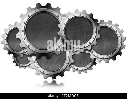 Gruppe von leeren Metallzahnrädern (Zahnräder) mit leerer Tafel innen und Kopierraum. Isoliert auf weißem Hintergrund, 3D-Illustration. Stockfoto