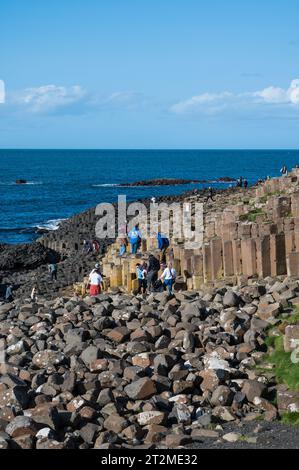 Leute, die auf den Basaltsäulen des Giants Causeway klettern. Bushmills, County Antrim, Nordirland. Stockfoto