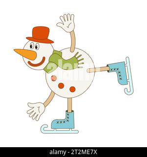 Schneemann auf Schlittschuhen. Weihnachtsillustration im Retro-Vintage-Stil, für Flyer, Poster, Karten, Geschenkpapier. Vektor auf weißem Hintergrund. Stock Vektor