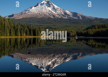 Mt. Kapuze reflektiert über dem Trillium Lake an einem ruhigen und friedlichen Oktobermorgen in Oregon Stockfoto