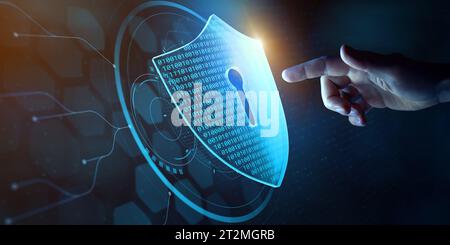 Datensicherheit, Datenschutz und Datenschutz im Internet. Person, die den virtuellen Schild berührt, sicherer Zugang, verschlüsselte Verbindung. Kennwortgeschütztes System und Stockfoto