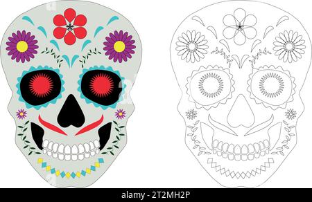 Dia Los Muertos, Tag der Toten oder mexikanisches Halloween. Dekorationen mit Blumen können zum Malen verwendet werden. Hintergrund der Illustration des Schädelvektors. Stock Vektor