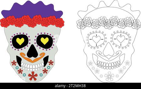 Dia Los Muertos, Tag der Toten oder mexikanisches Halloween. Dekorationen mit Blumen können zum Malen verwendet werden. Hintergrund der Illustration des Schädelvektors. Stock Vektor