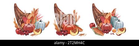 Aquarellset, Cornucopia (Horn of Plenty) mit Kürbis und Gemüse. Handgezeichnete Illustration isoliert auf weißem Hintergrund. Perfekt für ein Menücafé Stockfoto