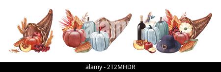 Aquarellset, Cornucopia (Horn of Plenty) mit Kürbis und Gemüse. Handgezeichnete Illustration isoliert auf weißem Hintergrund. Perfekt für ein Menücafé Stockfoto