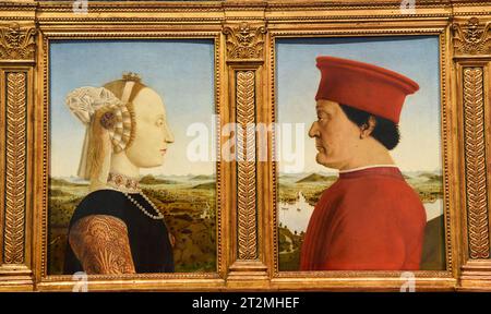 Florenz, Italien. September 2023. Die Herzöge von Urbino Federico da Montefeltro und Battista Sforza gemalt von Piero della Francesca in den Uffizien galler Stockfoto