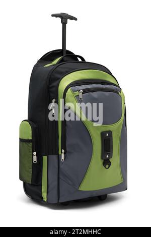 Rollender grüner Rucksack isoliert auf weißem Hintergrund. Reisesack mit Reißverschluss und Schultergurten. Zusammenklappbare Standtasche mit Griff und Rädern. Stockfoto