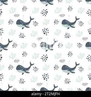 Nahtloses Muster mit Meerestieren. Blauwal im Ozean zwischen Meerespflanzen auf weißem Hintergrund. Vektorabbildung. Design für Kinderteig Stock Vektor