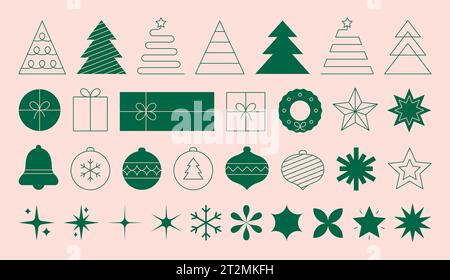 Set aus minimalistischen geometrischen Weihnachtselementen in flachem und linearem Stil. Abstrakte Weihnachtsdekoration. Vektorabbildung Stock Vektor