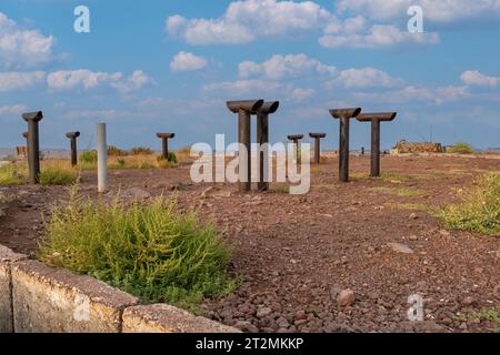 Periskope auf den Golanhöhen Israels, Schauplatz des Jom-Kippur-Krieges von 1973. Blick auf den Libanon Stockfoto