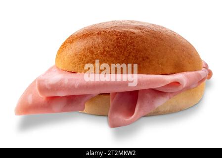 Sandwich mit Mortadella-Wurst, Brötchen gefüllt mit bologna-Scheiben, isoliert auf weiß mit Schneidepfad Stockfoto