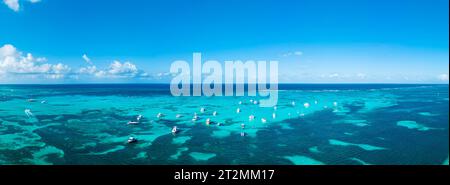 Panoramablick auf viele Ankeryachten und Touristenboote im türkisfarbenen Karibischen Meer. Klarer blauer Himmel am Horizont. Stockfoto