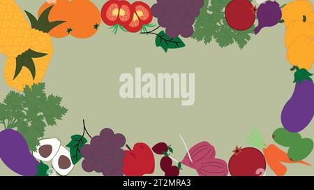 Veganes nahtloses Design. Welt-veganer Tag, Welt-vegetarischer Tag. Handgezeichneter Rahmen mit Gemüse und Obst. Stock Vektor