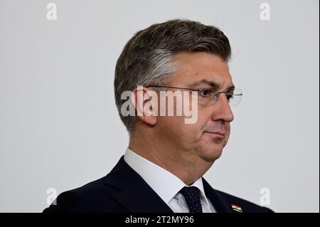 Wien, Österreich. Oktober 2023. Pressemitteilungen des kroatischen Ministerpräsidenten Andrej Plenković (HDZ) im Bundeskanzleramt in Wien Stockfoto