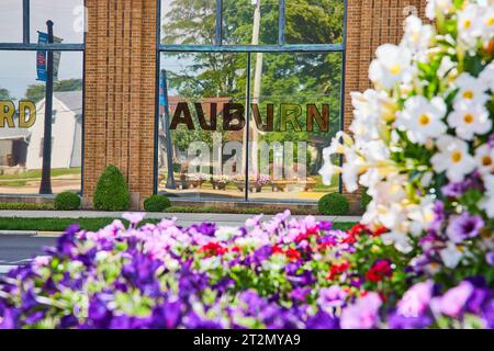 Farbenfrohe lila und weiße Blumen, die das Auburn-Abziehbild am Fenster des ACD-Museums einrahmen Stockfoto